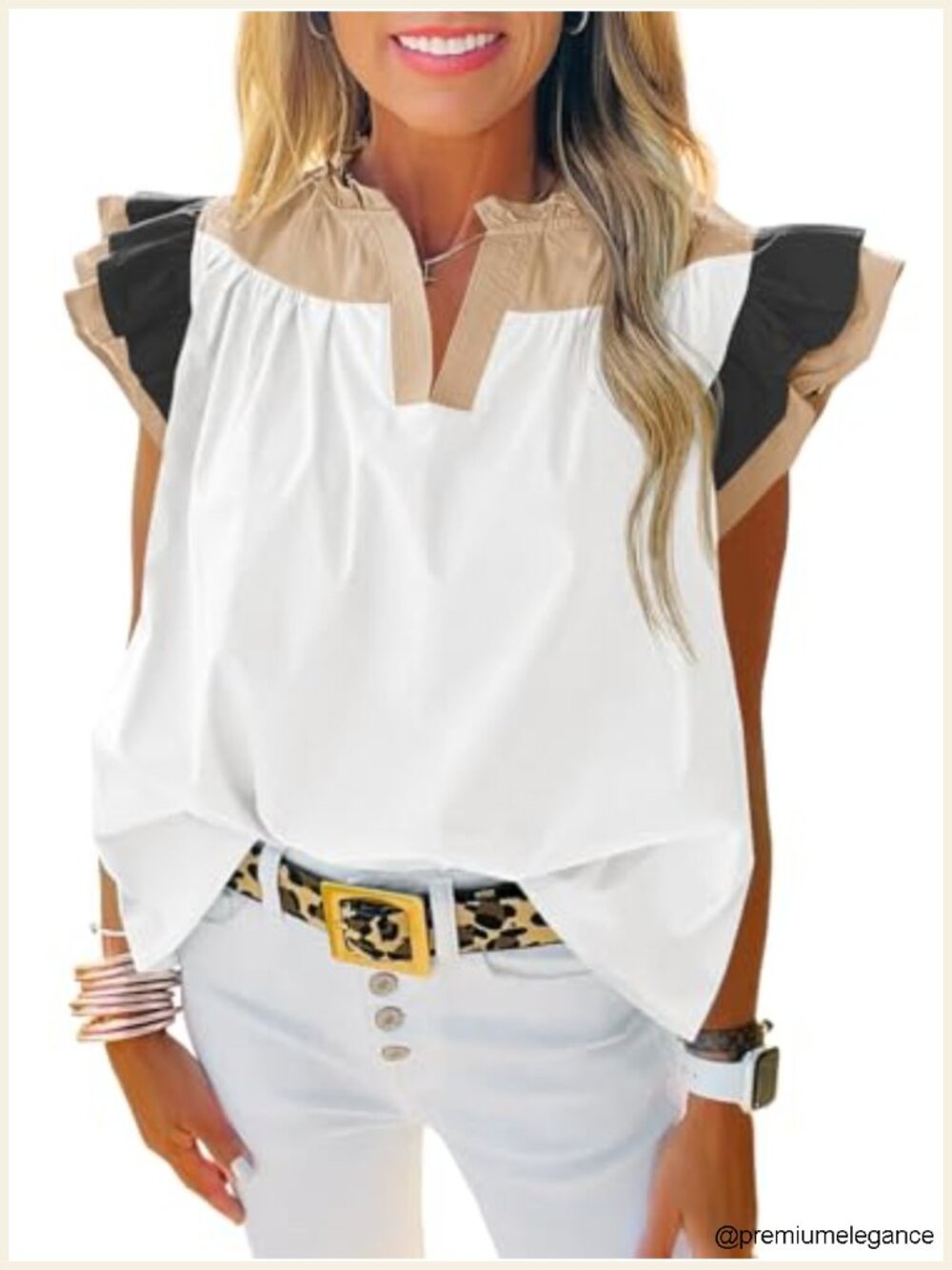 100% Cotton Color Block Ruffle Sleeve V-Neck Blouse